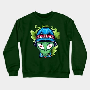 drunken green  alien wear blue hat and smoke Crewneck Sweatshirt